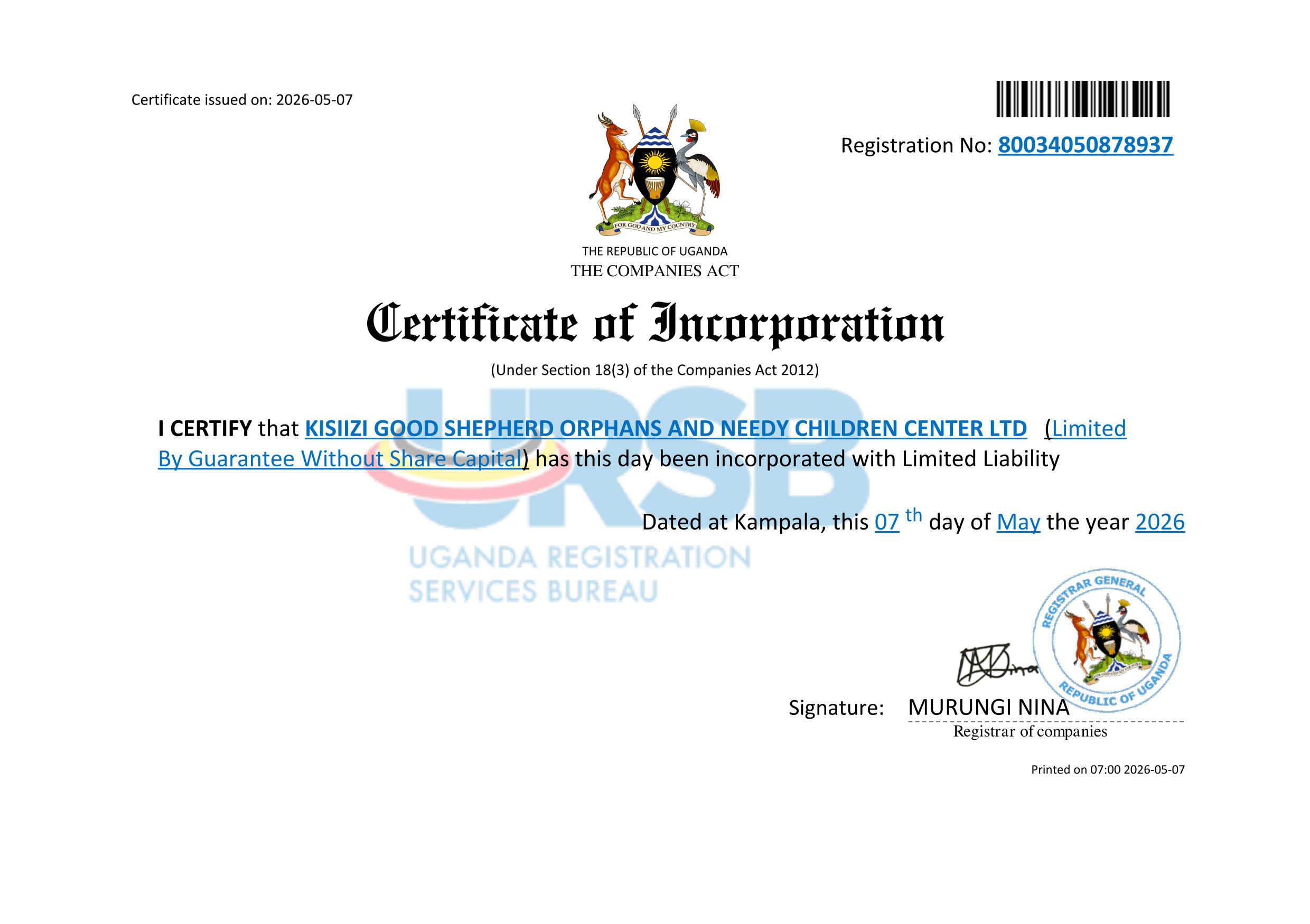 Certificate of Incorporation for Kisiizi Good Shephard from the Republic of Uganda